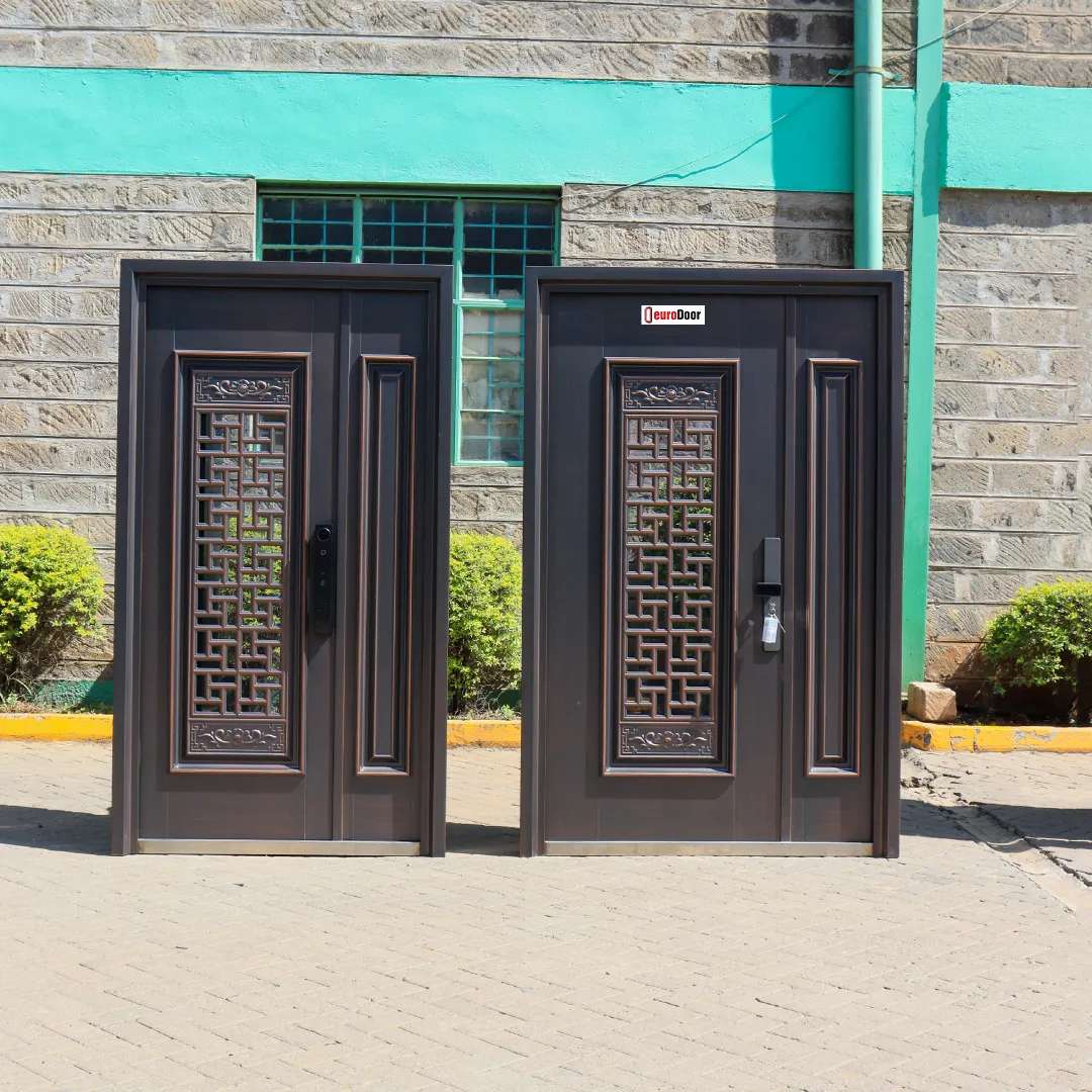 two double brushed copper steel doors outside and side by side 