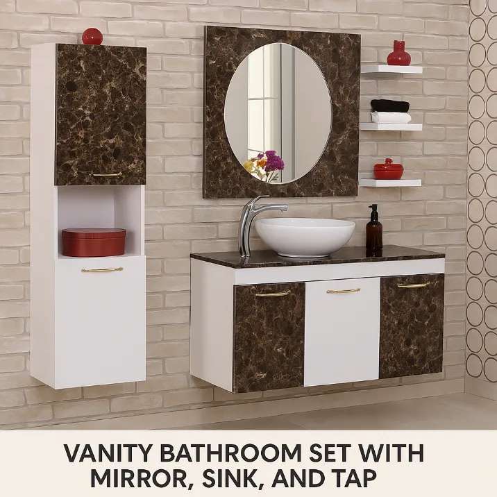 Modern vanity bathroom set featuring a marble-patterned countertop and cabinet doors, a white vessel sink with a chrome tap, a wall-mounted oval mirror with a matching marble frame, a tall side cabinet, and decorative floating shelvesâ€”all set against a light beige brick wall.