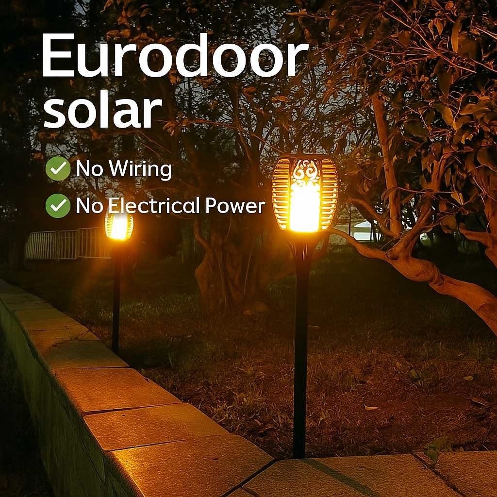 2 solar flame torch lights illuminating a pavement in full glow